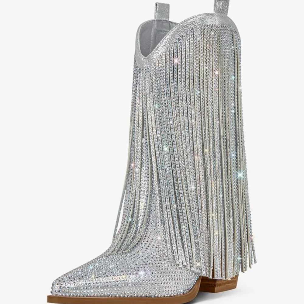 Silver Fringe Rhinestone Boots - Picture 3 of 3